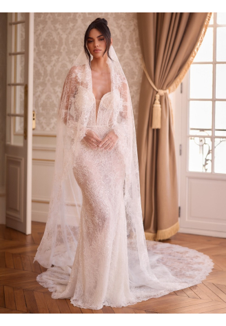Bianco Evento S547 – Brautschleier aus Chantilly‑Spitze, Ivory, 300 cm ()