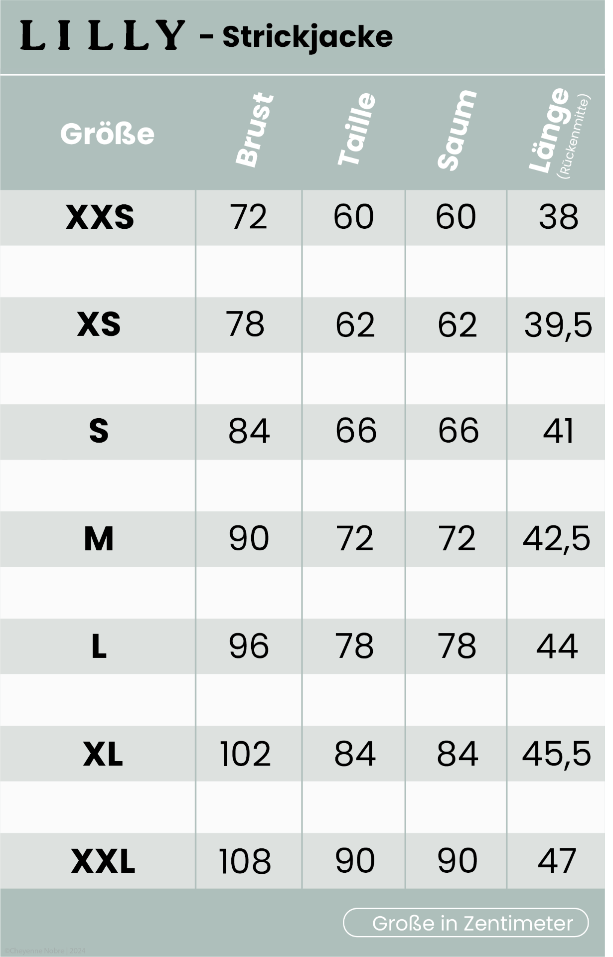 Lilly Strickjacke Größentabelle